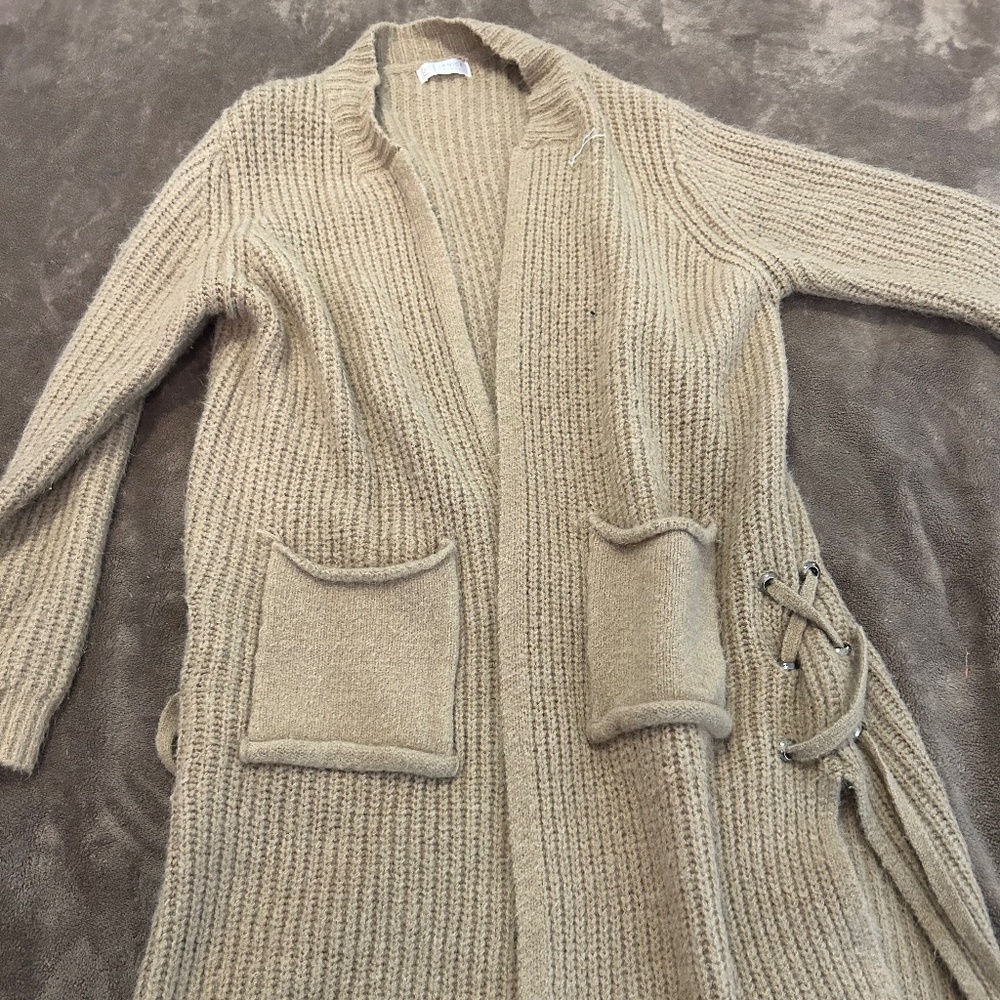 Long oatmeal cardigan - POCKETS!